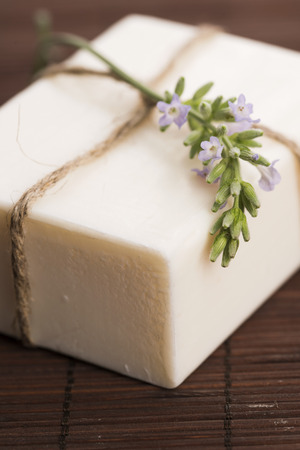 Lavender soap with lavender flowersの写真素材