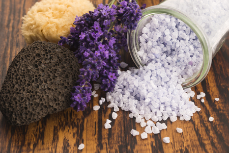 lavender bath salt and some fresh lavenderの写真素材