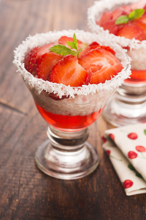 A serving of strawberry over tapioca and jellyの写真素材