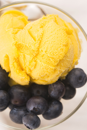 Mango Ice Cream with blueberries and mintの写真素材