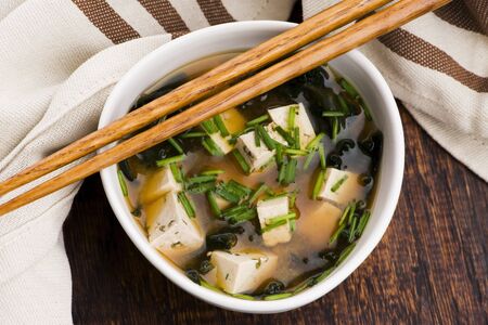 Miso soup, japanese food on the wooden backgroundの写真素材