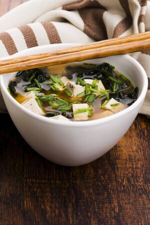 Miso soup, japanese food on the wooden backgroundの写真素材