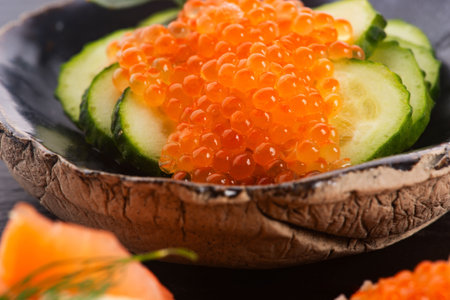 Salmon trout ed caviar sandwich close-upの写真素材