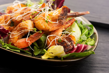 Smoked Shrimp on Fresh Salad with Alfalfa Sproutsの写真素材