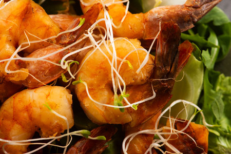 Smoked Shrimp on Fresh Salad with Alfalfa Sproutsの写真素材