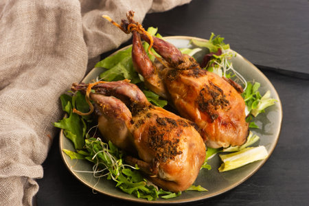 Baked tasty quails on ceramics plate with saladの写真素材