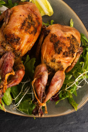 Baked tasty quails on ceramics plate with saladの写真素材