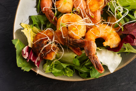 Smoked Shrimp on Fresh Salad with Alfalfa Sproutsの写真素材