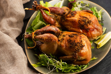 Baked tasty quails on ceramics plate with saladの写真素材