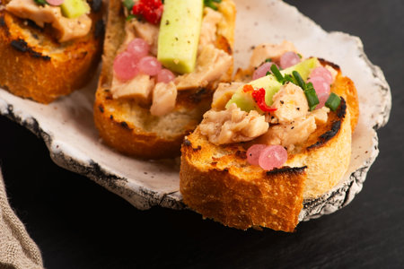 Sandwich with cod liver. Healthy food concept. Food recipe background. Close upの写真素材