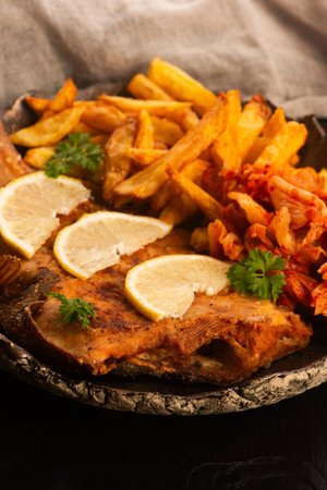 Breaded flounder with fries and kimchi