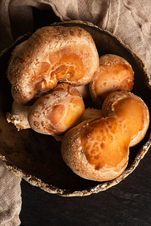 Cooking imgredients. Shiitake mushrooms on plateの写真素材