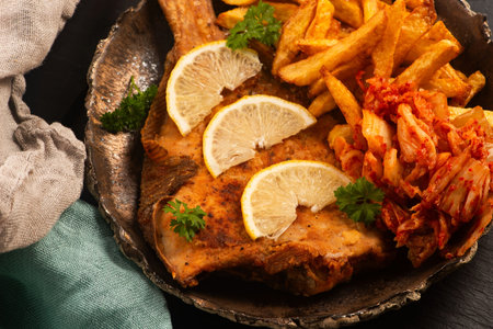 Breaded flounder with fries and kimchi