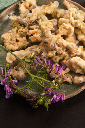 Alfalfa Flower Tempura on Handmade Ceramic Plate