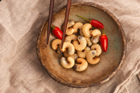 Fried figs with chili pepper in bowl on sackcloth backgroundの写真素材