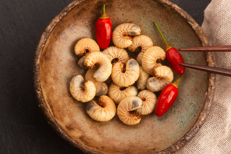Fried garlic and red hot chili peppers in bowl on black backgroundの写真素材