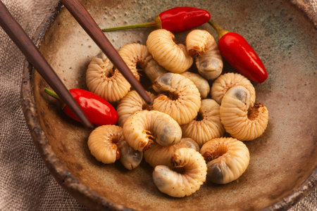 Fried dumplings with chili peppers in a bowlの写真素材