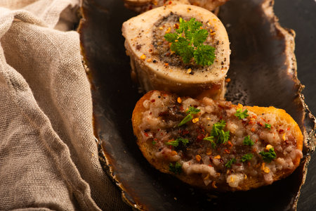 Roasted Bone Marrow with Spices and Baguette in Handmade Ceramic Bowlの写真素材