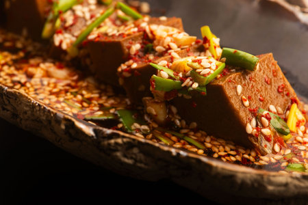 Korean Acorn Jelly with Sauce in Handmade Ceramic Bowlの写真素材