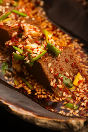 Korean Acorn Jelly with Sauce in Handmade Ceramic Bowl