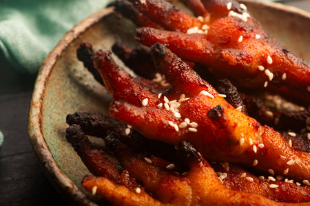 Spicy Korean Chicken Feet (Dakbal) in Handmade Ceramic Bowlの写真素材