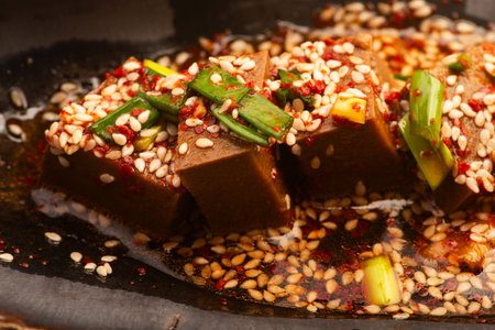 Korean Acorn Jelly with Sauce in Handmade Ceramic Bowlの写真素材