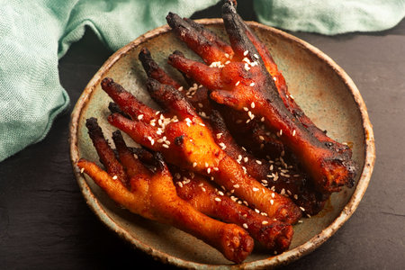 Spicy Korean Chicken Feet (Dakbal) in Handmade Ceramic Bowlの写真素材