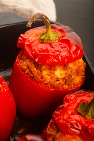 Stuffed Red Bell Pepper with Meat, Rice and Mozzarellaの写真素材