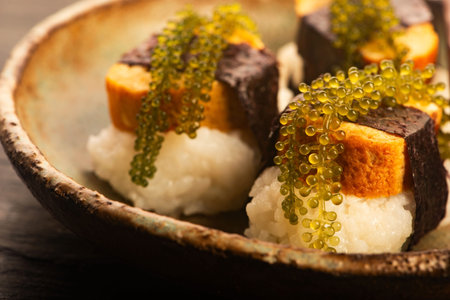 Tamagoyaki Sushi with Okinawan Sea Grapes on Ceramic Plate