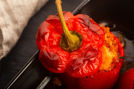 Stuffed Red Bell Pepper with Meat, Rice and Mozzarella