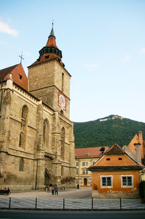 City name and the Black Church in Brasov, Transylvania, Romaniaの写真素材