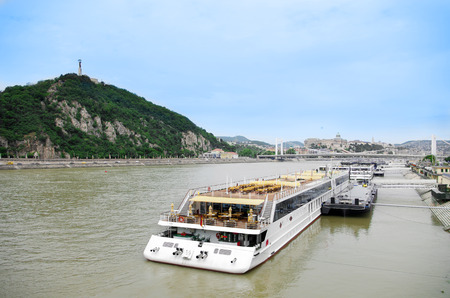 Barge on the Danube river in Budapest, Hungaryの写真素材