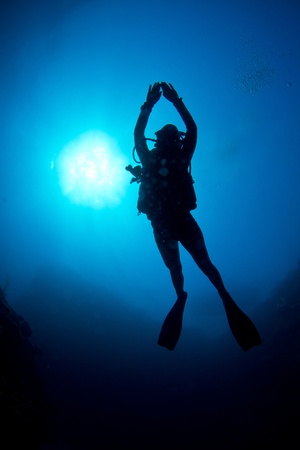 A Scuba diver enjoys the crystal clear waters off The Caribbean coast.の写真素材