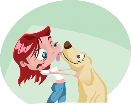 A funky cartoon woman gets a big wet kiss from her dog Illustrator  eps v10 Contains some transparency effects on highlights のイラスト素材