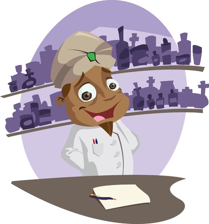 A happy cartoon pharmacist behind his counter.Illustrator .eps v10.Contains some transparency effectson eye highlights.のイラスト素材