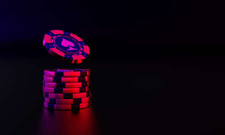 Blue-gold casino chips on a dark background. A stack of casino chips. Casino background. 3d rendering.の写真素材