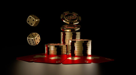 Casino chips, dice and playing cards on a dark background. A stack of casino chips. Online casino. 3d rendering.の写真素材