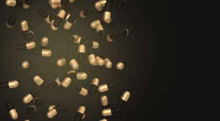 Medicine pills on background. Black and gold pills. Top view on pills The cure for the virus. Pills with Vitamins or Bio Supplements. 3d illustrationの写真素材