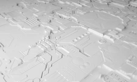 Macro rendering of a futuristic electronic printed circuit board with microchips and processors....
