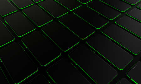 Phones on a black background. Smartphones on the table. Communication and technology. Technological background. 3d rendering.の写真素材