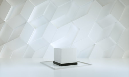Podium, pedestal or platform, background for the presentation of cosmetic products. 3d podium. Place for ads.3D rendering podium geometry with elements. Product presentation blank podium.の写真素材