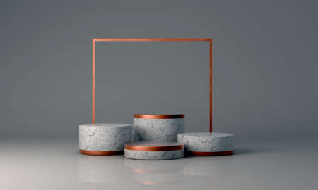 Podium, pedestal or platform, background for the presentation of cosmetic products. 3d podium. Place for ads.3D rendering podium geometry with elements. Product presentation blank podium.の写真素材
