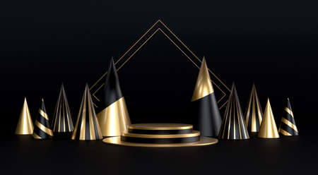 Podium, pedestal or platform, background for the presentation of cosmetic products. 3d podium. Place for ads.3D rendering podium geometry with elements. Product presentation blank podium.の写真素材