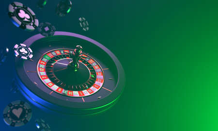 Roulette casino on a dark background. Dynamic falling of casino chips and roulette on a dark background. Casino background. 3d rendering.の写真素材