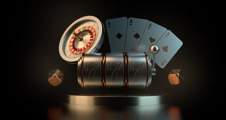 Lucky seven 777 slot machine, playing cards, casino roulette and dice. Vegas casino game. Chance of good luck in gambling. 3d rendering.の写真素材