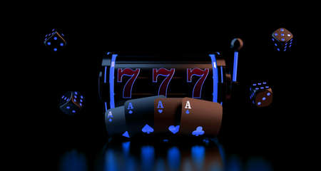 Lucky seven 777 slot machine, playing cards and dice. Vegas casino game. Chance of good luck in gambling. 3d rendering.の写真素材