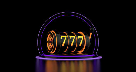 Lucky seven 777 slot machine. Vegas casino game. Chance of good luck in gambling. 3d rendering.