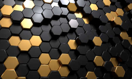 Abstract luxury background with golden and black hexagons. Background with hexagons at different levels. Futuristic abstract background. 3d rendering.の写真素材