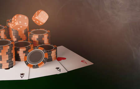 Composition of casino chips, dice and playing cards. Background with smoke. 3d rendering.