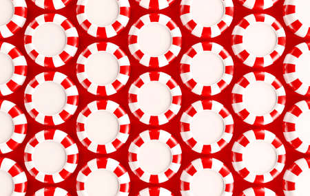 Round colored candies on a red background. Lollipops. Sweet background. 3D rendering.の写真素材